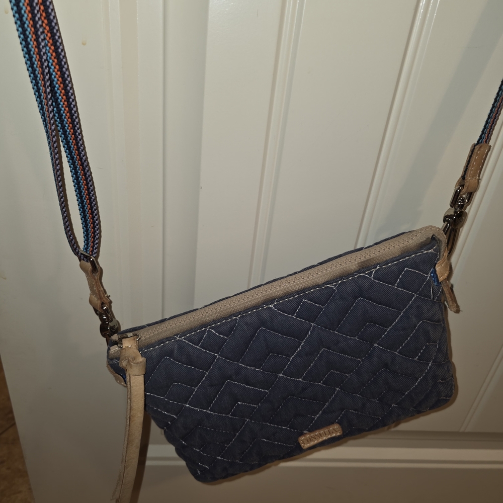 Consuela Blue Quilted Crossbody Bag with Multicolor Strap